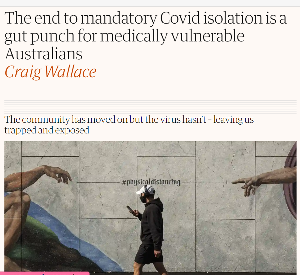 The end to mandatory Covid isolation is a gut punch for medically vulnerable Australians Craig Wallace The community has moved on but the virus hasn’t – leaving us trapped and exposed - image of a young man with a walkman walking past a mural with the words physical distancing 